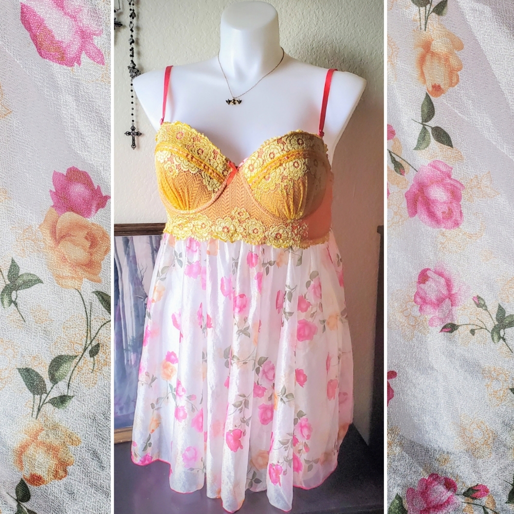 Floral Lace Trim Babydoll - Yellow and Pink - Picture 2 of 3